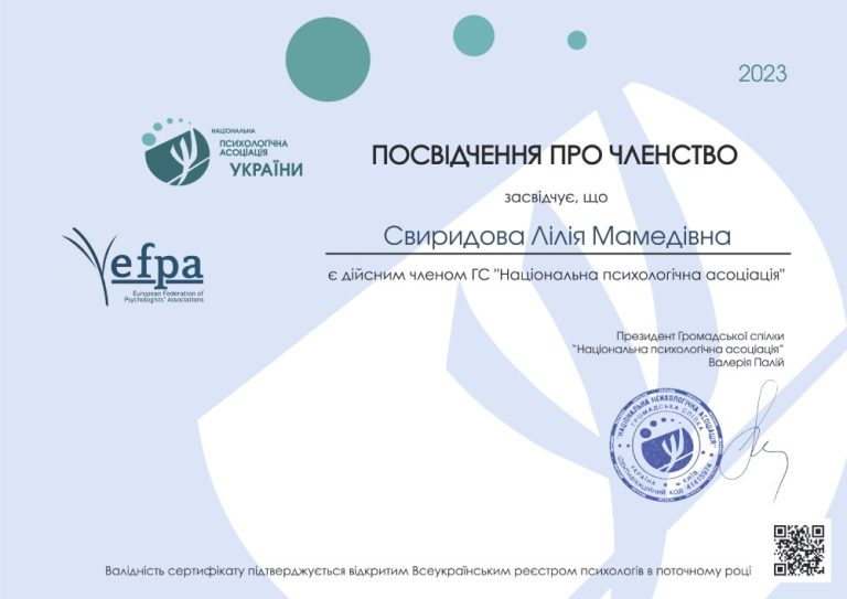 Посвідчення про членство в Національній психологічній асоціації України, 2023